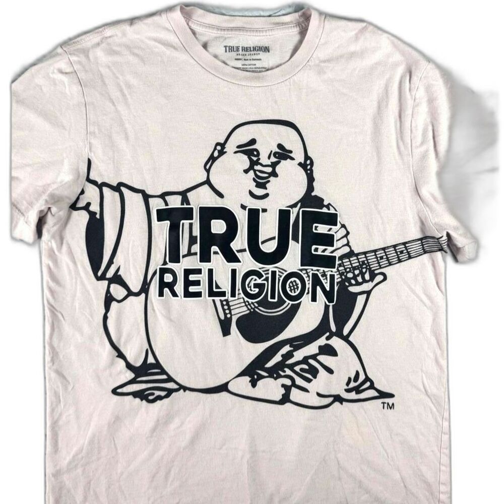 True Religion Buddha Guitar Graphic Tee Mens M Pink Y2K Streetwear T Shirt